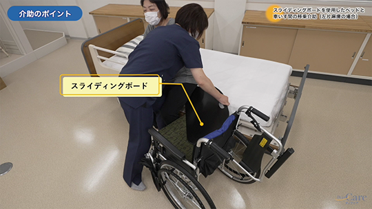 3. スライディングボードを使用したベッドと車いす間の移乗介助（左片麻痺の場合）